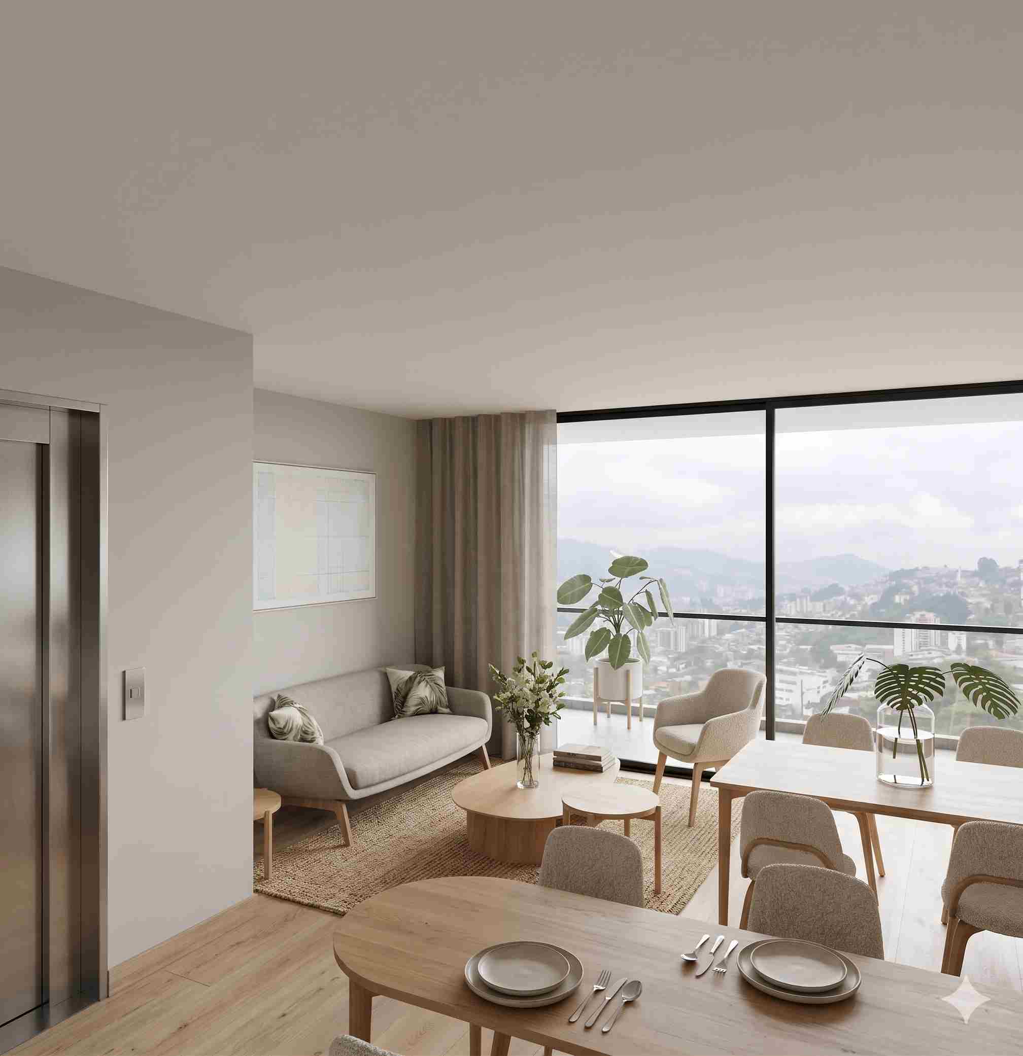 Interior de apartamento nuevo en Manizales Sala comedor de uno de los apartamentos en venta en Manizales, con iluminación natural, distribución funcional y vista panorámica.