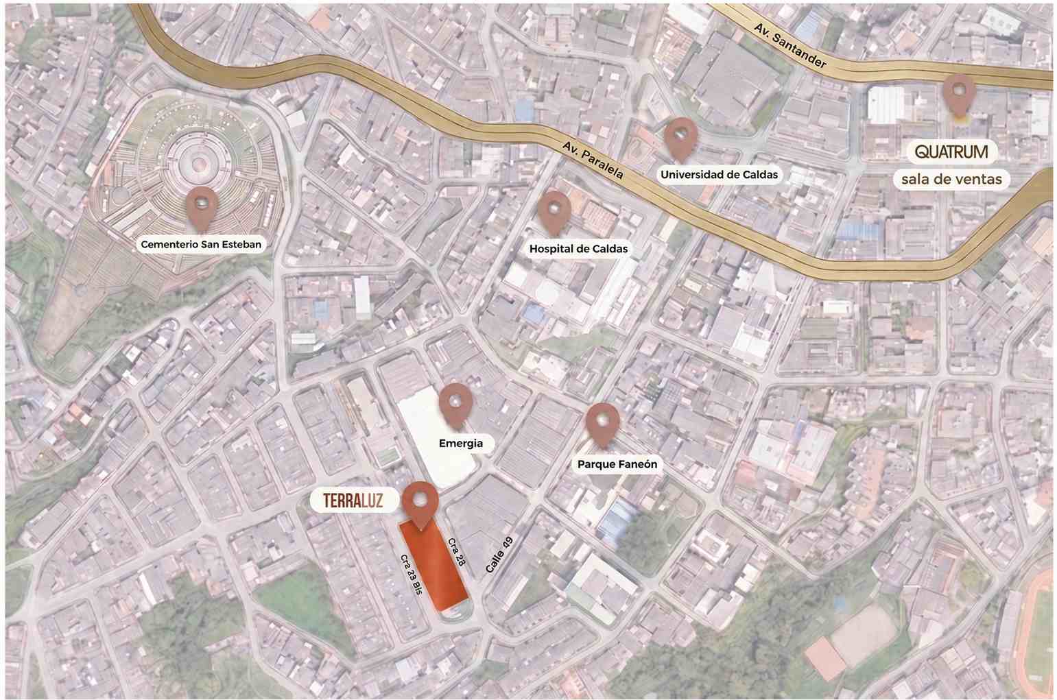 Ubicación de Terraluz en Manizales, cerca de universidades, hospitales y puntos estratégicos de la ciudad