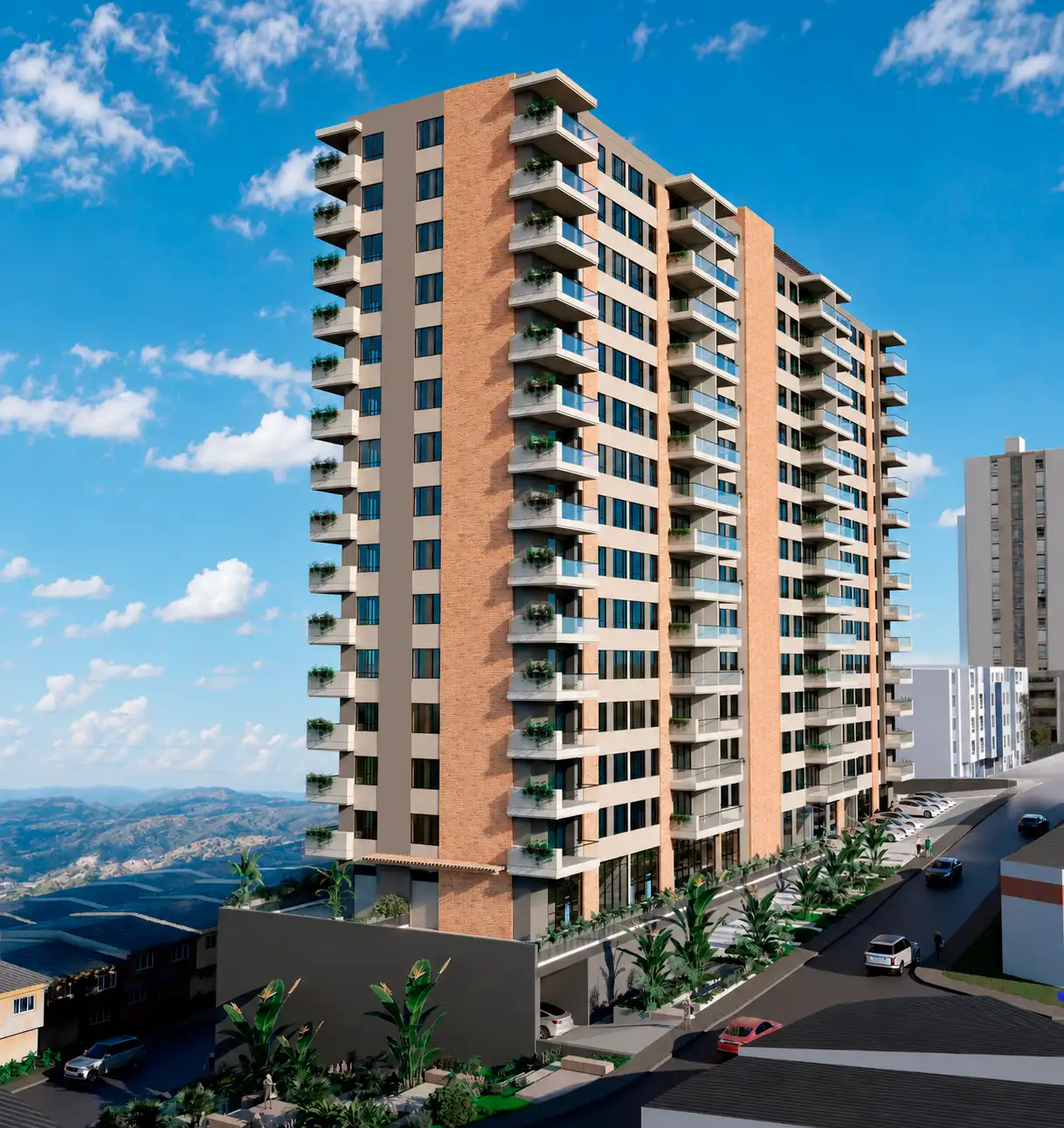 Fachada de Terraluz, proyecto de vivienda nueva en Manizales, con apartamentos con balcón, arquitectura contemporánea y vistas hacia las montañas.