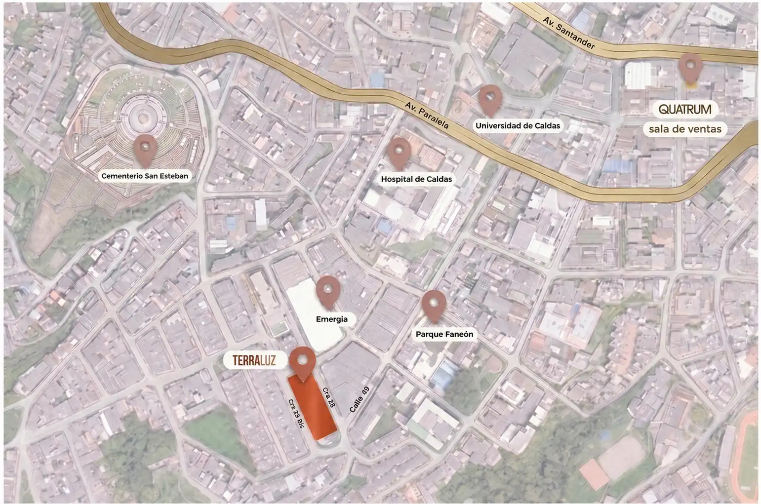 Ubicación de Terraluz, proyecto de vivienda nueva en Manizales, cerca de la Avenida Paralela, la Universidad de Caldas y el Hospital de Caldas.